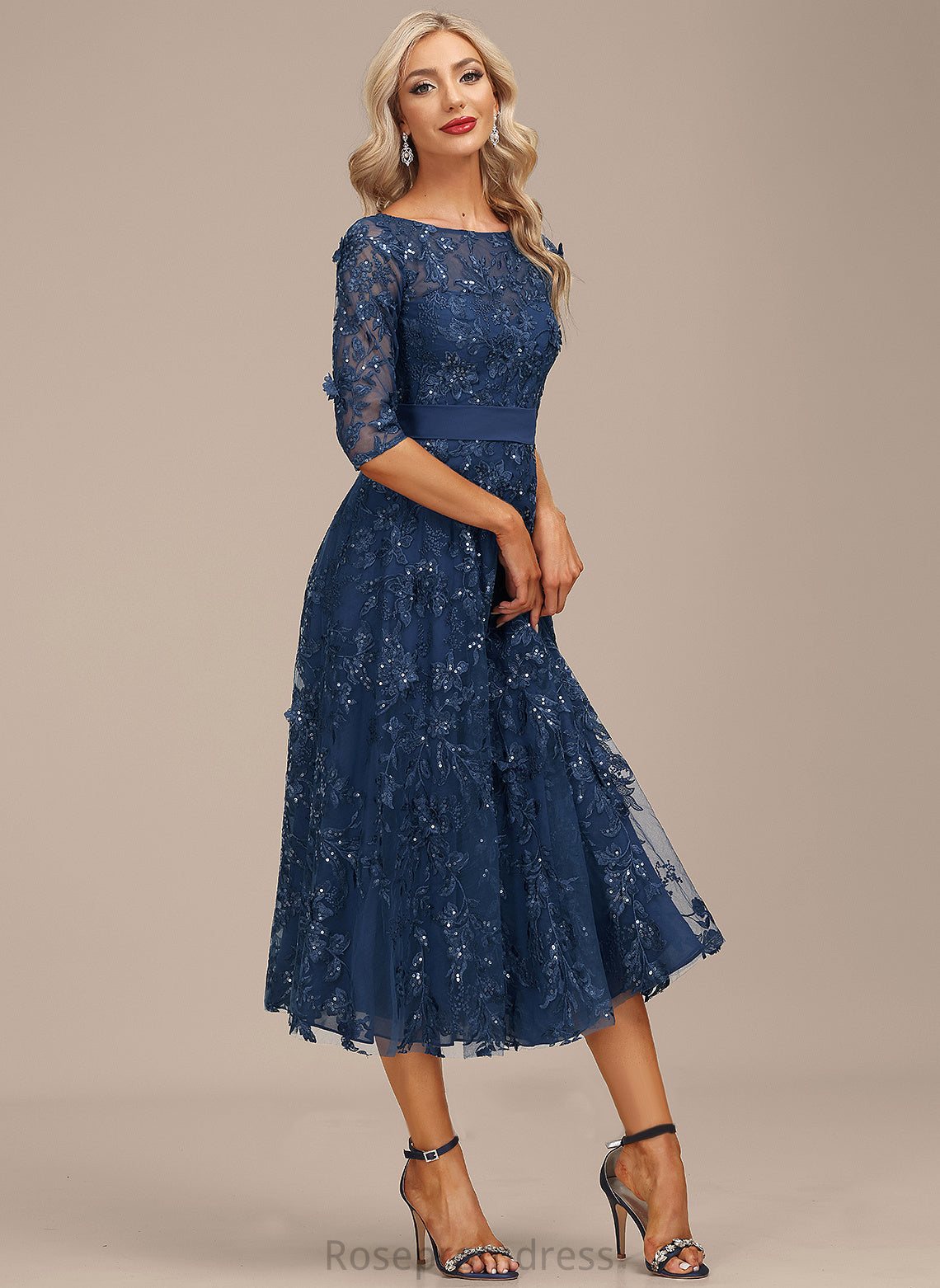 Cocktail Dresses A-Line Chiffon Tea-Length Dress Sequins Neck Lace Scoop Cocktail Tiffany With