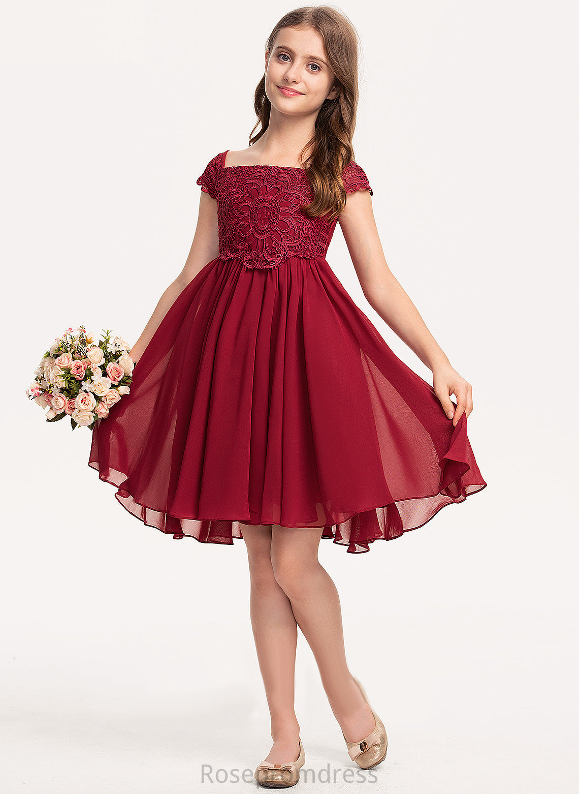 A-Line Dress Square Chiffon Knee-length Shirley Flower Girl Dresses Neckline Girl Short Flower - Sleeves