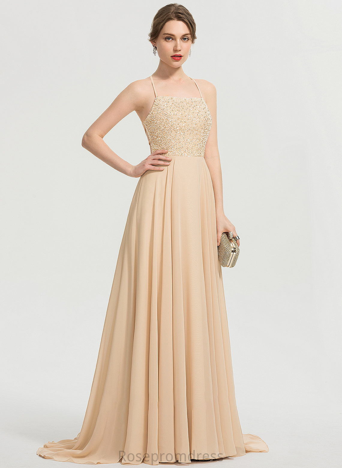 Prom Dresses Square Neckline Beading Sweep Chiffon Train A-Line Serenity Sequins With