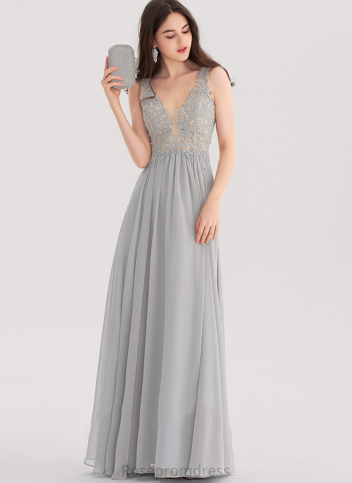 Prom Dresses With Emely A-Line Rhinestone Floor-Length V-neck Chiffon Lace