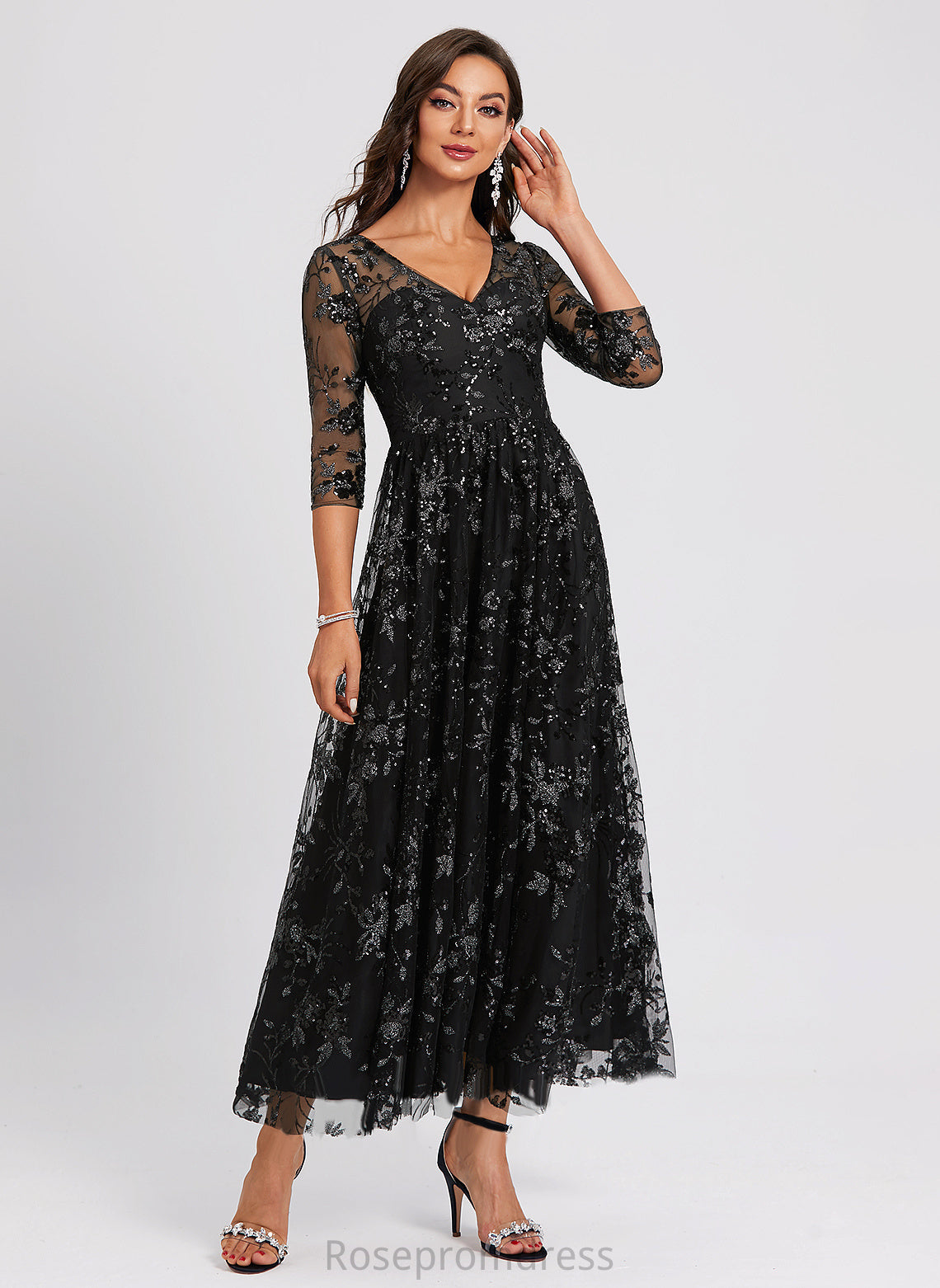 A-Line Cocktail Ankle-Length Sequined V-neck Cocktail Dresses Dress Lace Hayley