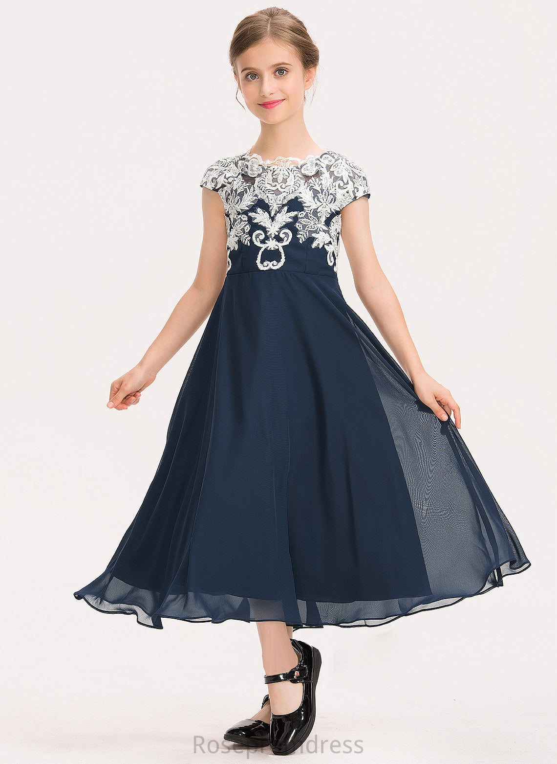 A-Line Junior Bridesmaid Dresses Tea-Length Chiffon Neck Scoop Martina Lace