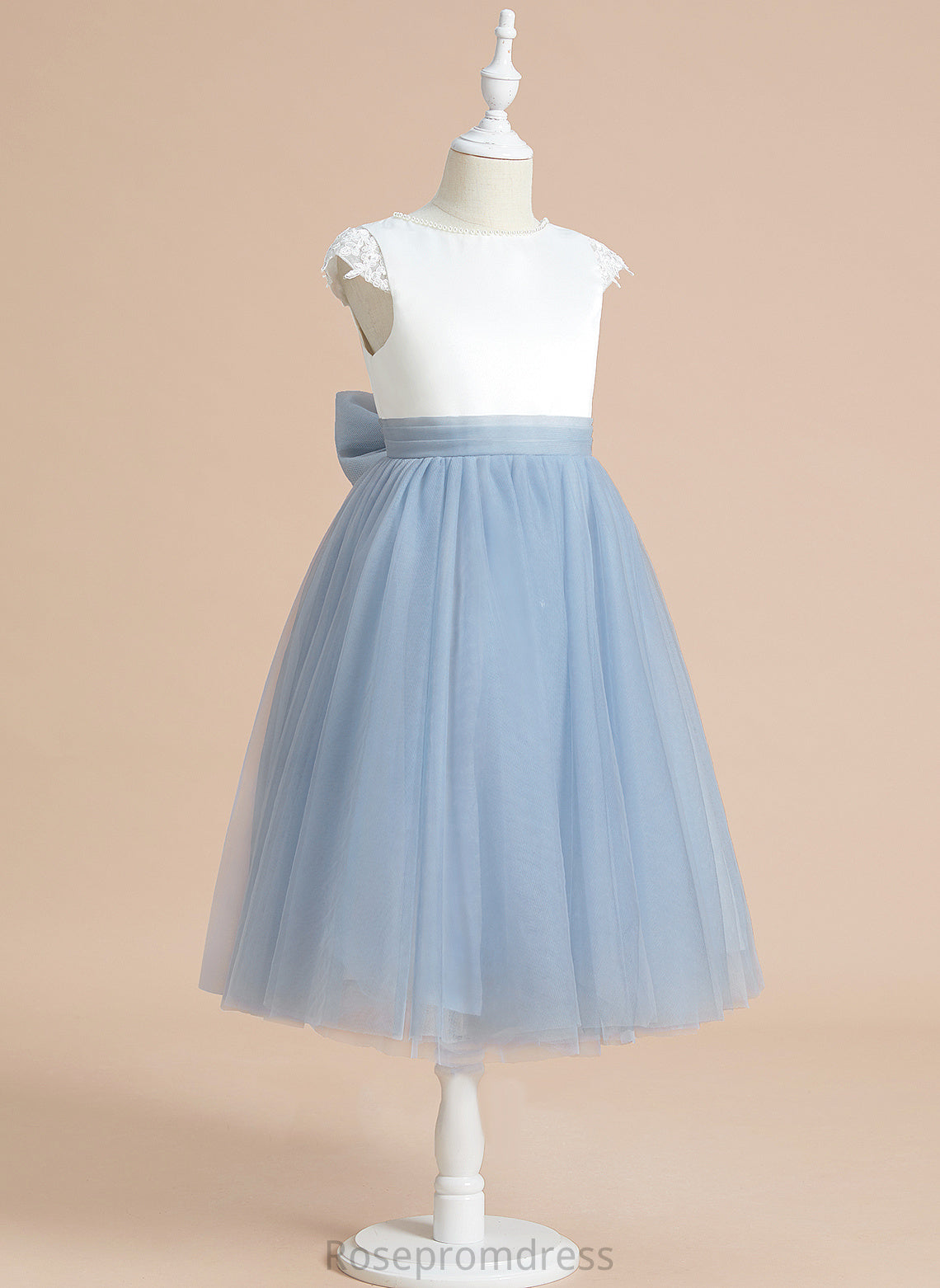 Neck Girl Satin/Tulle Scoop - A-Line Sleeveless Flower With Tea-length Lace/Bow(s) Flower Girl Dresses Dress America