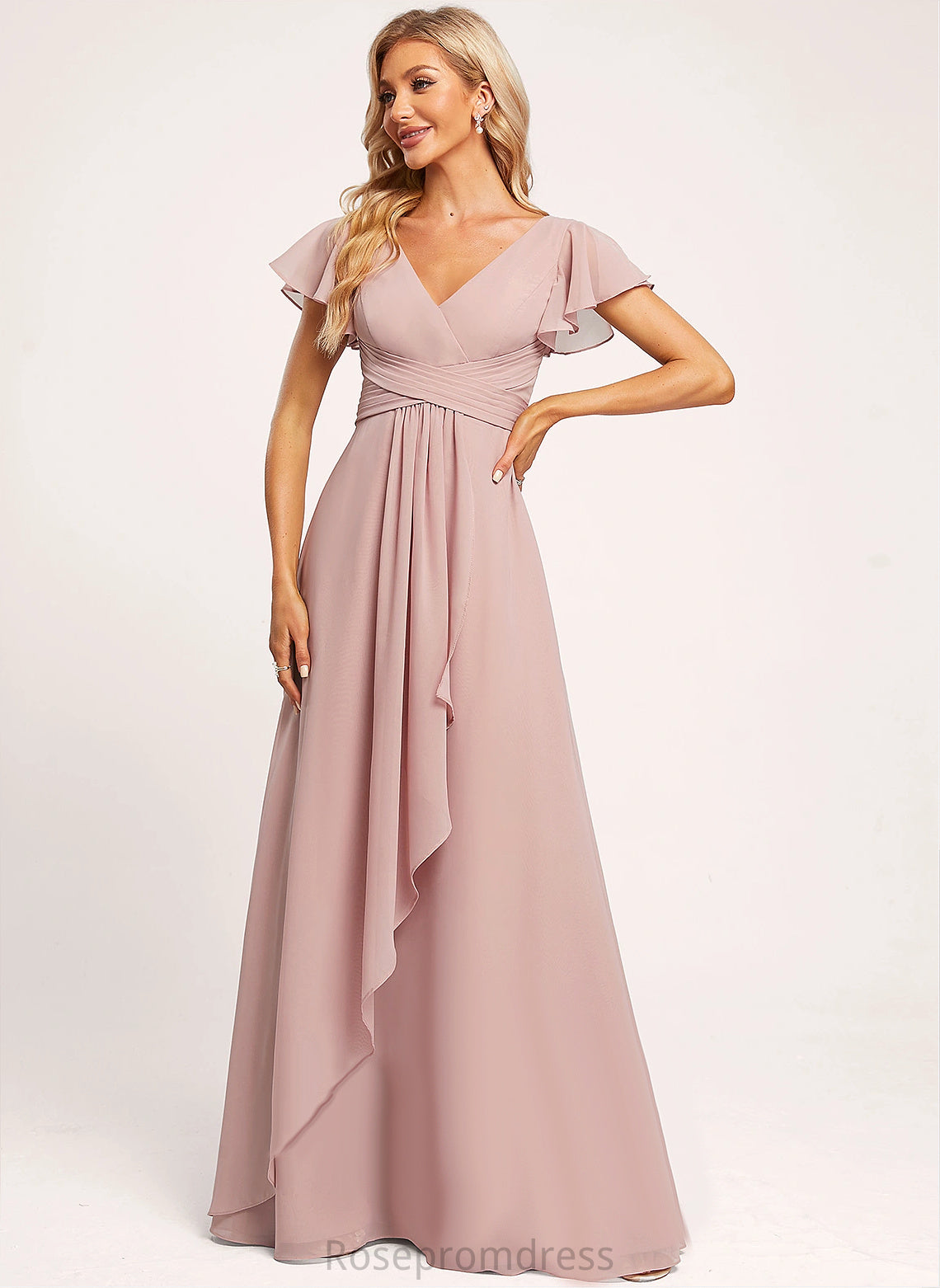 Fabric V-Neck Length Silhouette Floor-Length A-line Straps&Sleeves Neckline Genesis Floor Length Empire Waist Short Sleeves Bridesmaid Dresses