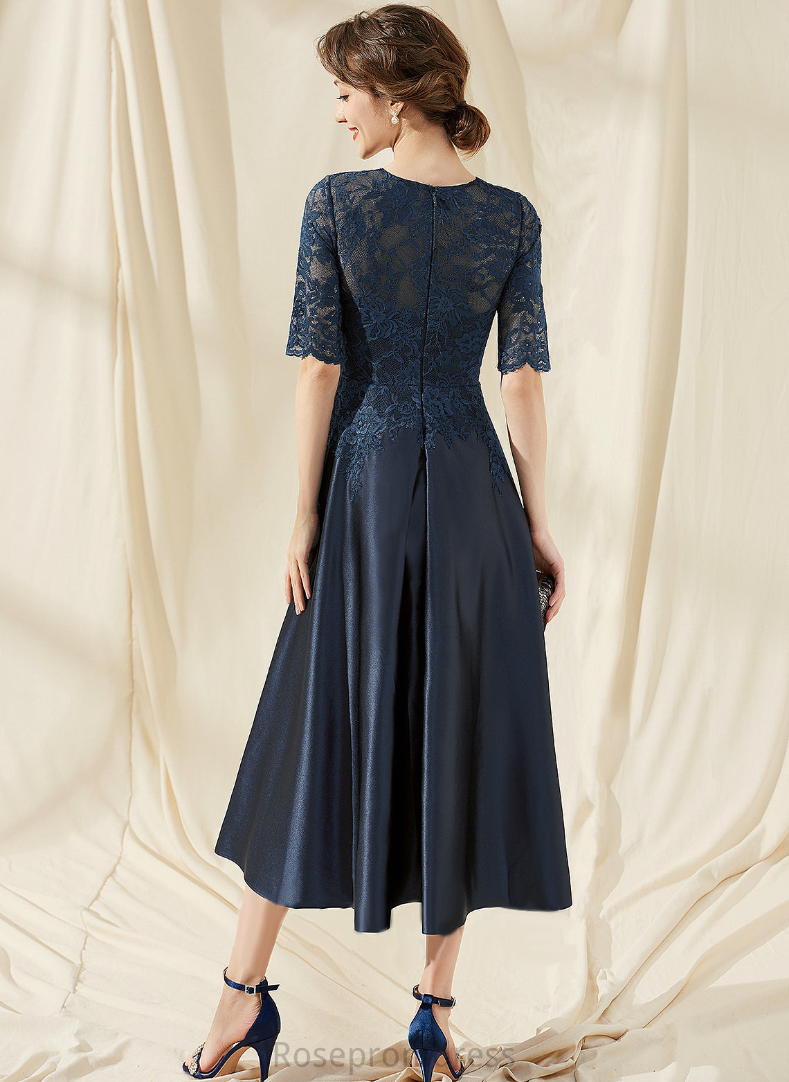 Dress Lace Neck Cocktail Dresses Scoop Tea-Length A-Line Cocktail Jimena Satin