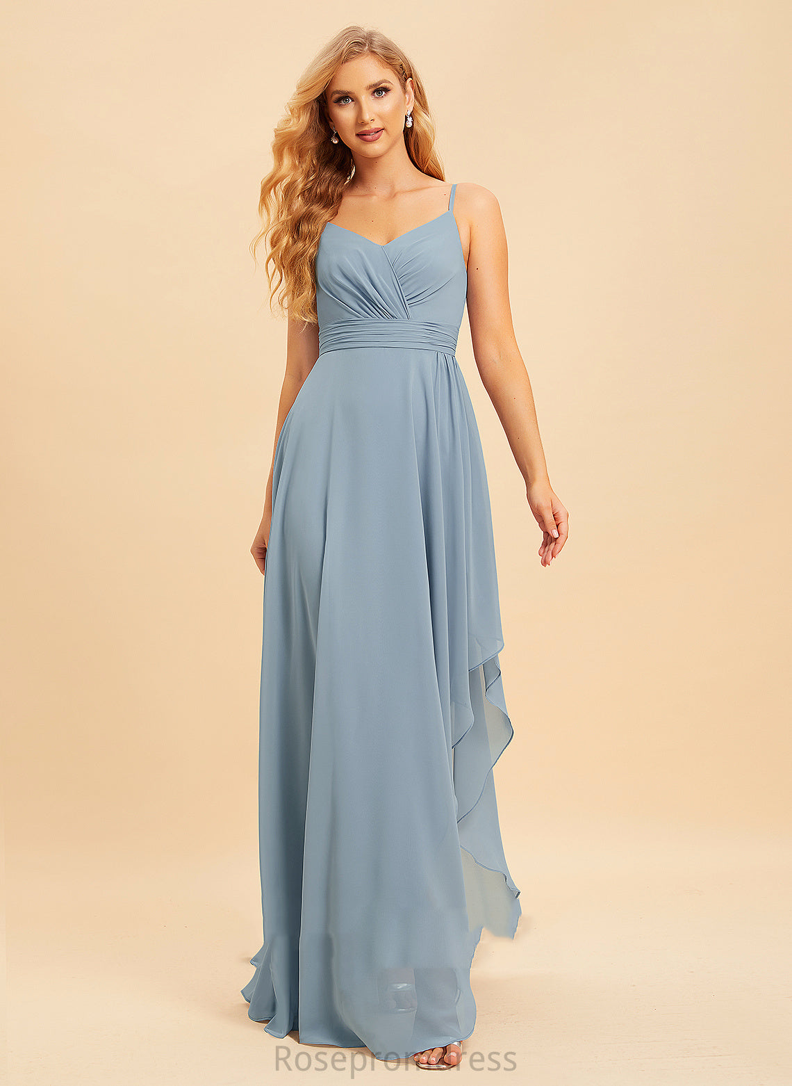 Ruffle Neckline A-Line Fabric V-neck Embellishment Asymmetrical Silhouette Length Natalya Floor Length Natural Waist Bridesmaid Dresses