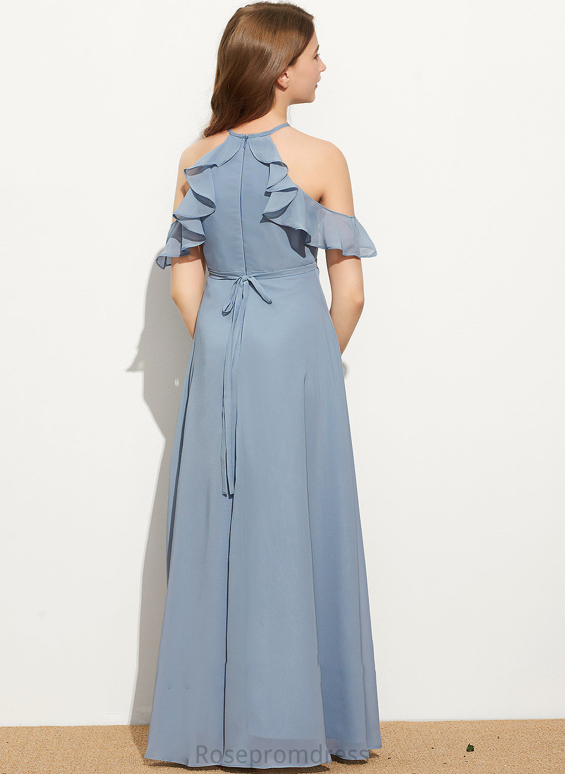 Junior Bridesmaid Dresses With Floor-Length Scoop Cascading Bow(s) Camilla Neck Ruffles A-Line Chiffon