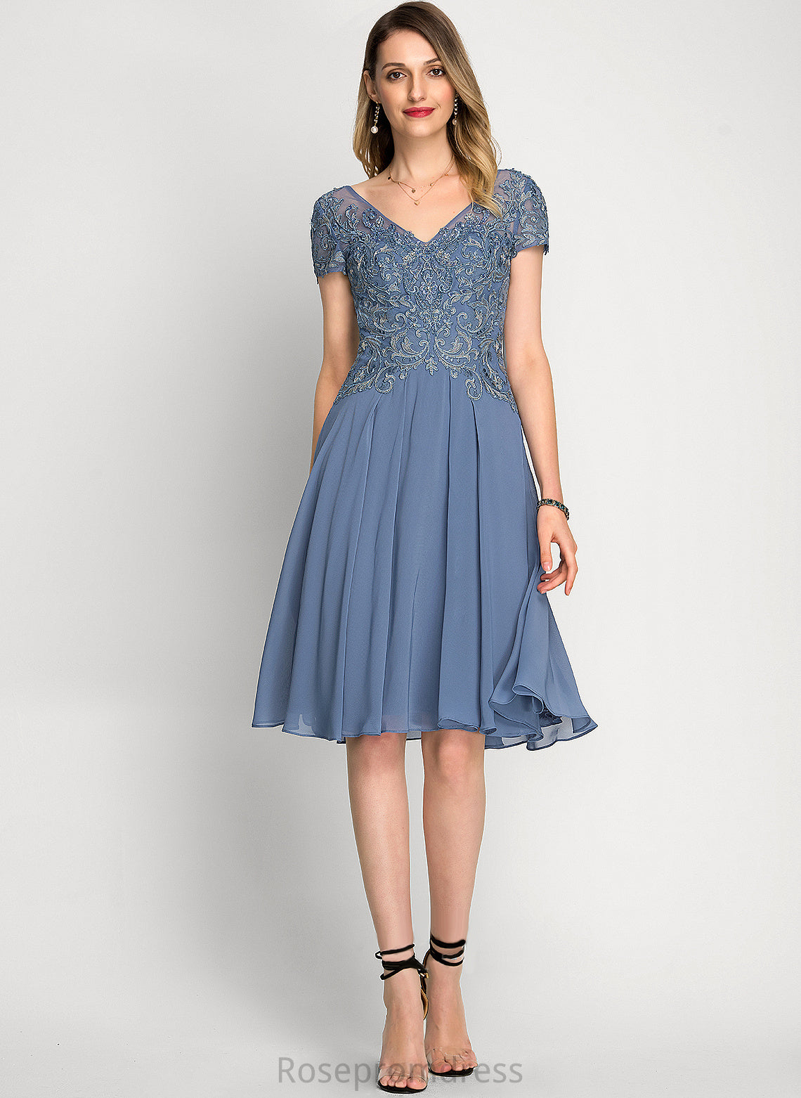 Cocktail Dress Cara A-Line V-neck Beading Knee-Length With Cocktail Dresses Lace Sequins Chiffon