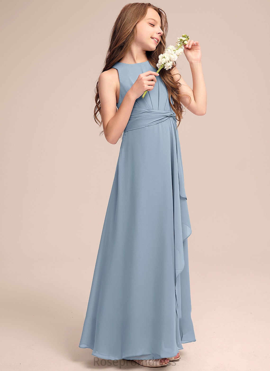 Junior Bridesmaid Dresses A-Line Kiara Neck Floor-Length Scoop Ruffles Cascading With Chiffon