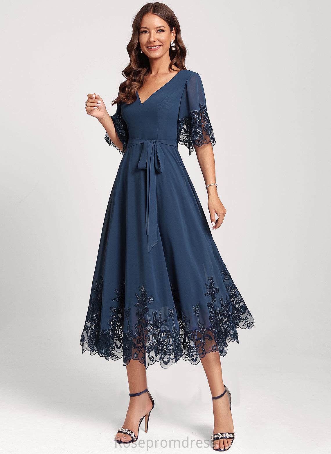 Chiffon Izabella A-Line Cocktail Club Dresses Sequins V-neck Lace With Tea-Length Dress