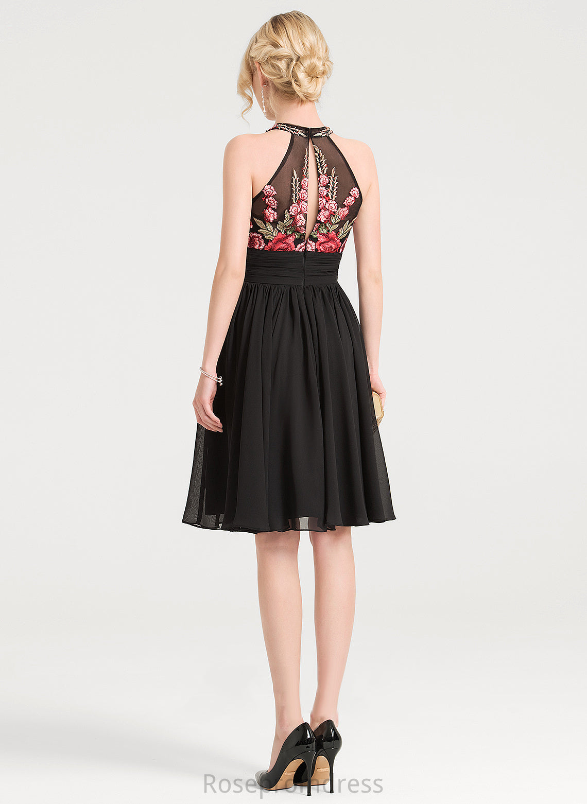 Angie Lace Cocktail Neck Scoop Dress Knee-Length Chiffon With Appliques A-Line Cocktail Dresses