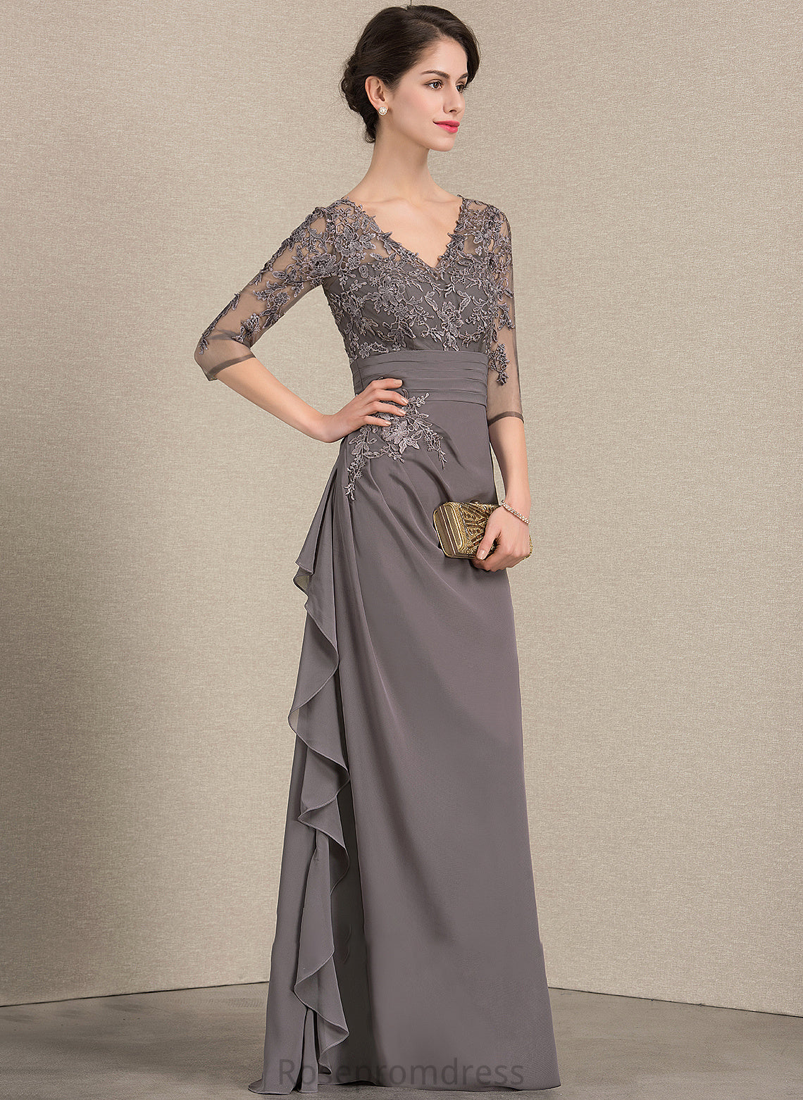 Cascading Mother Bride Ruffles A-Line Lace With V-neck the Chiffon Dress Floor-Length Mother of the Bride Dresses Sam of