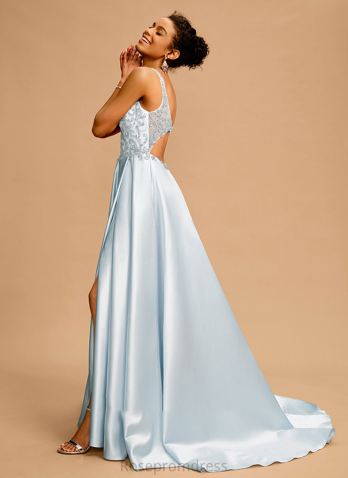 Jaycee Train Beading With V-neck Sweep Ball-Gown/Princess Satin Prom Dresses