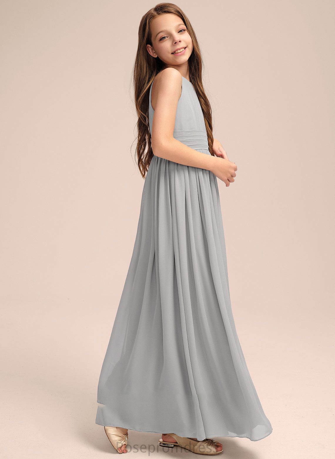 Ruffle Neck A-Line Aliya Chiffon Scoop With Floor-Length Junior Bridesmaid Dresses