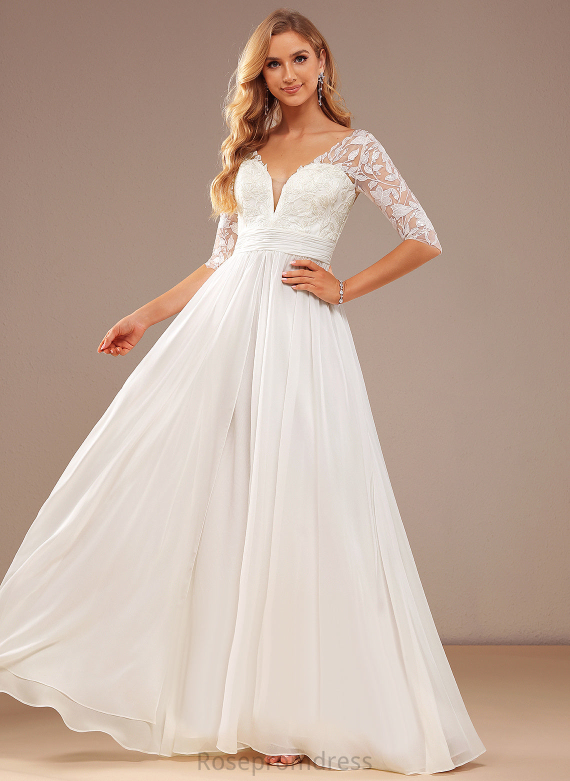 Dress Chiffon Floor-Length V-neck Hilda Wedding Dresses Ruffle A-Line With Sequins Lace Wedding