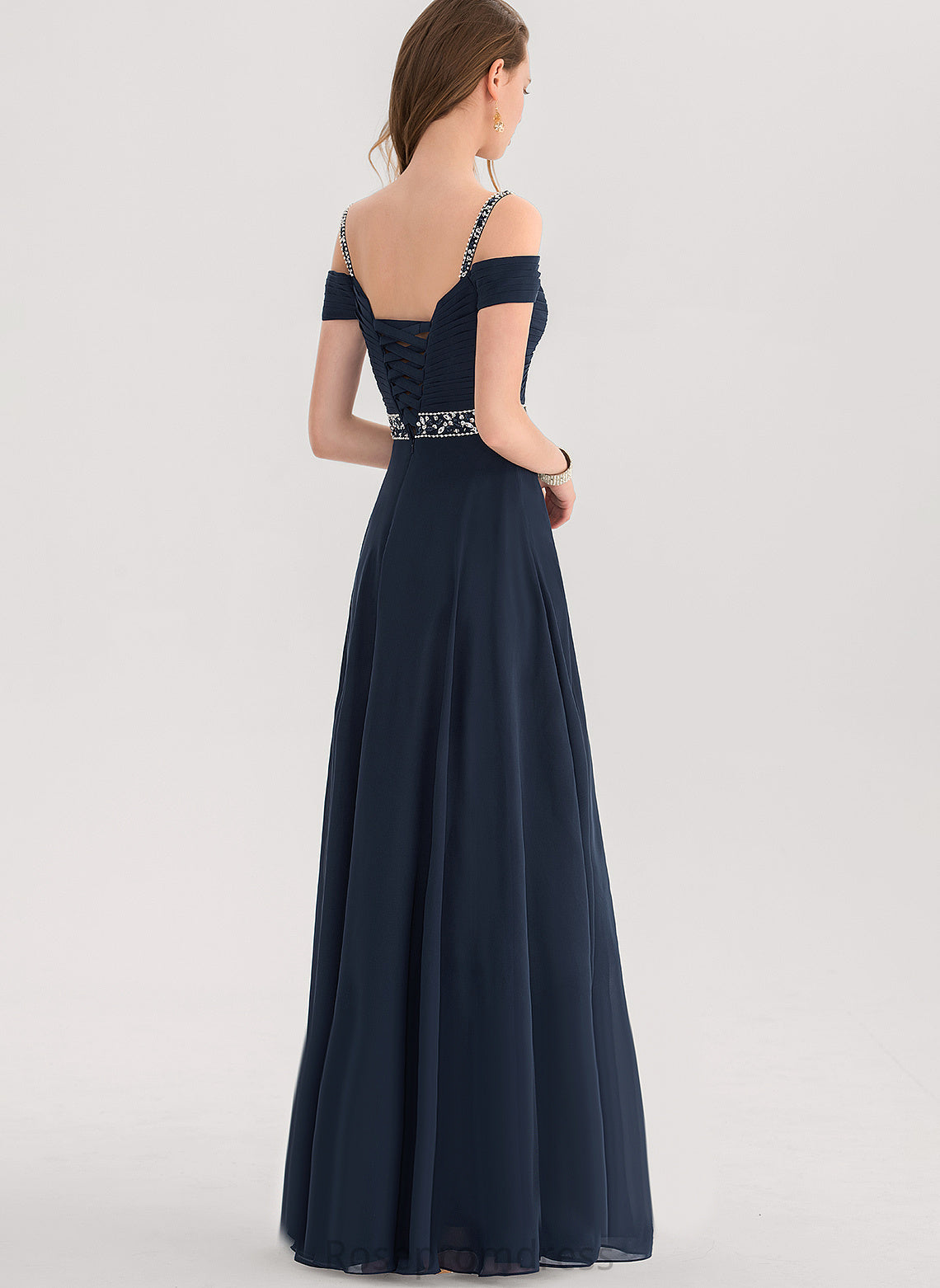 Shoulder V-neck Chiffon London Floor-Length Prom Dresses With A-Line Beading Cold Pleated Sequins