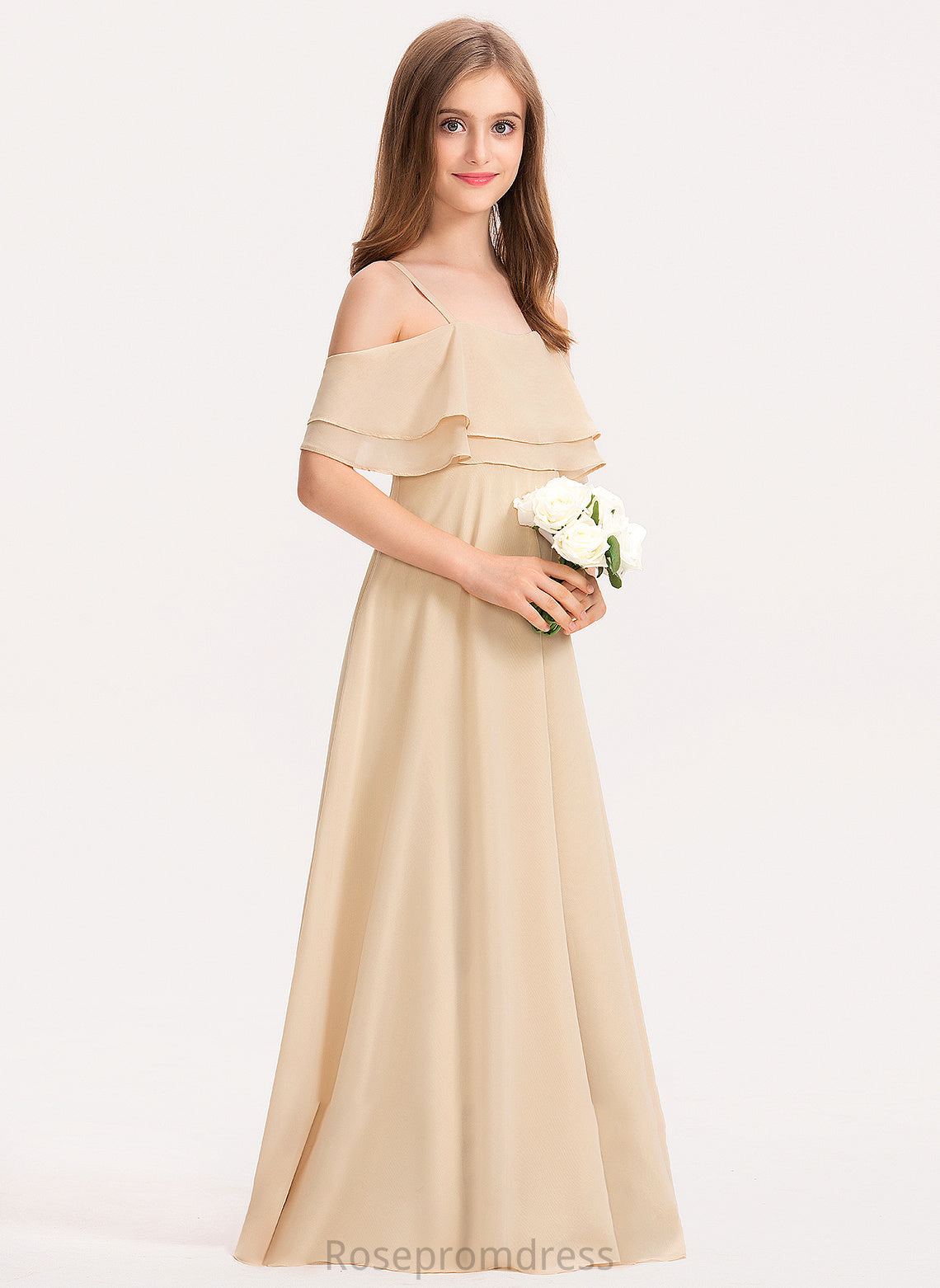 Chiffon With A-Line Off-the-Shoulder Kamryn Junior Bridesmaid Dresses Ruffles Cascading Floor-Length