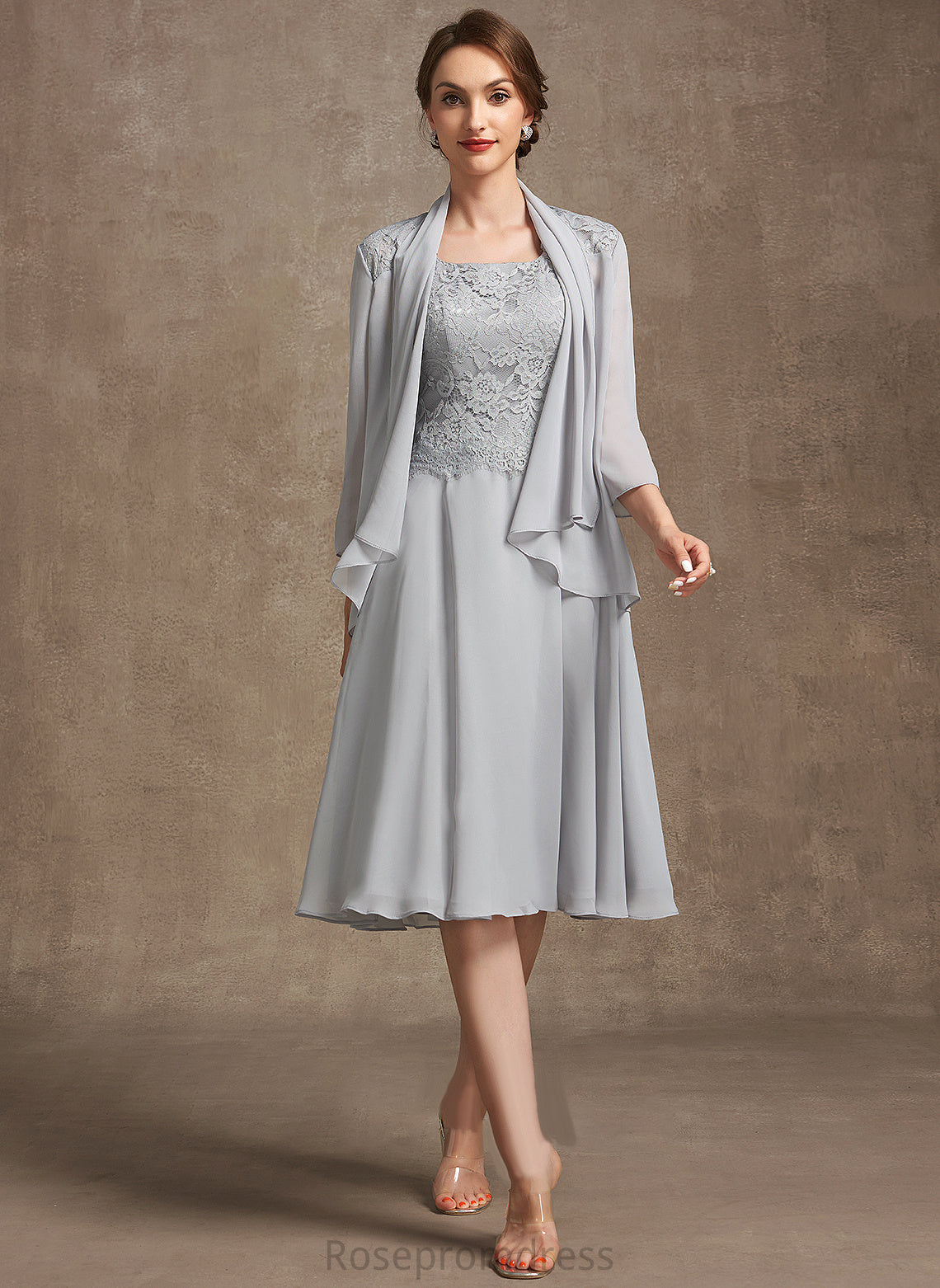 A-Line Mother the Joy Dress Chiffon Lace Bride Square Neckline Mother of the Bride Dresses Knee-Length of