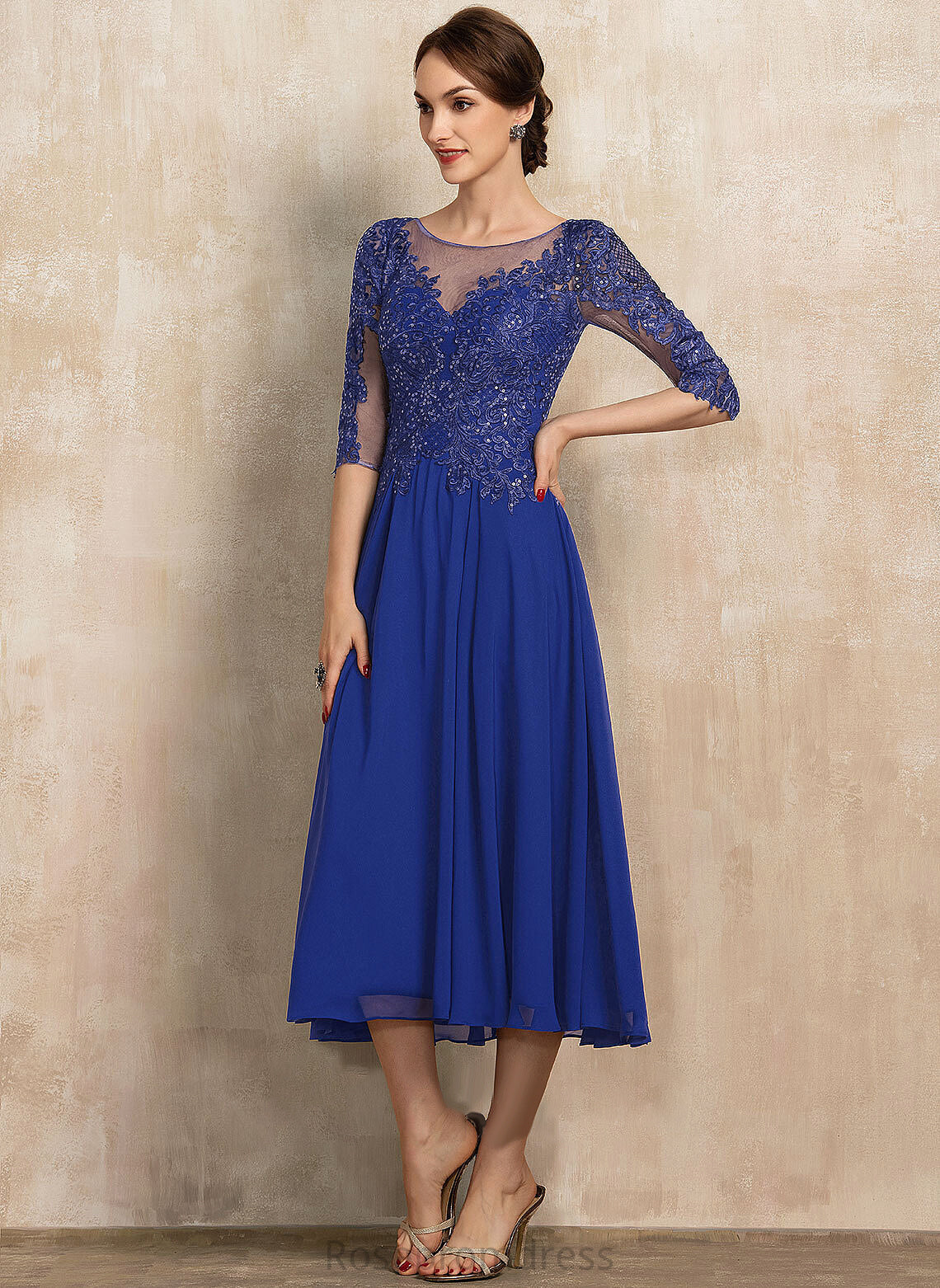 of Scoop Mother the Tea-Length A-Line Lace Chiffon Dress Neck Sequins Bride Felicity Mother of the Bride Dresses With