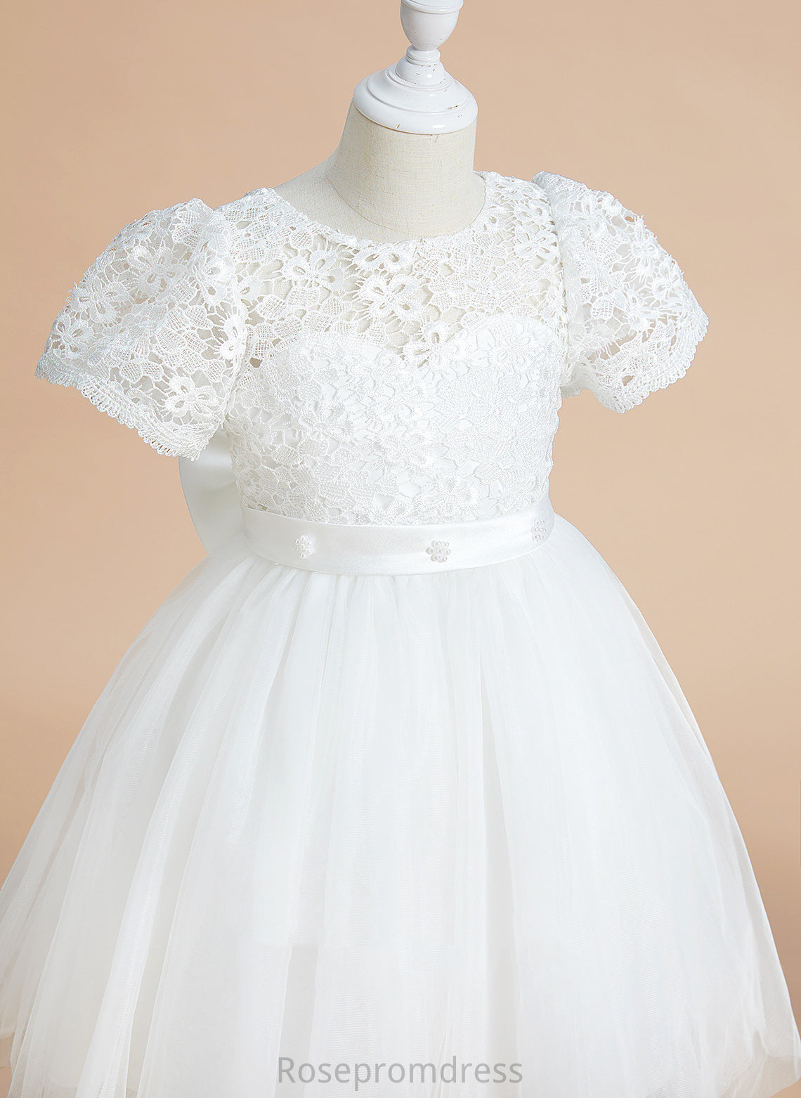 Short Anastasia Girl Tulle/Lace Dress Flower Bow(s) With A-Line Knee-length Scoop Sleeves Neck Flower Girl Dresses