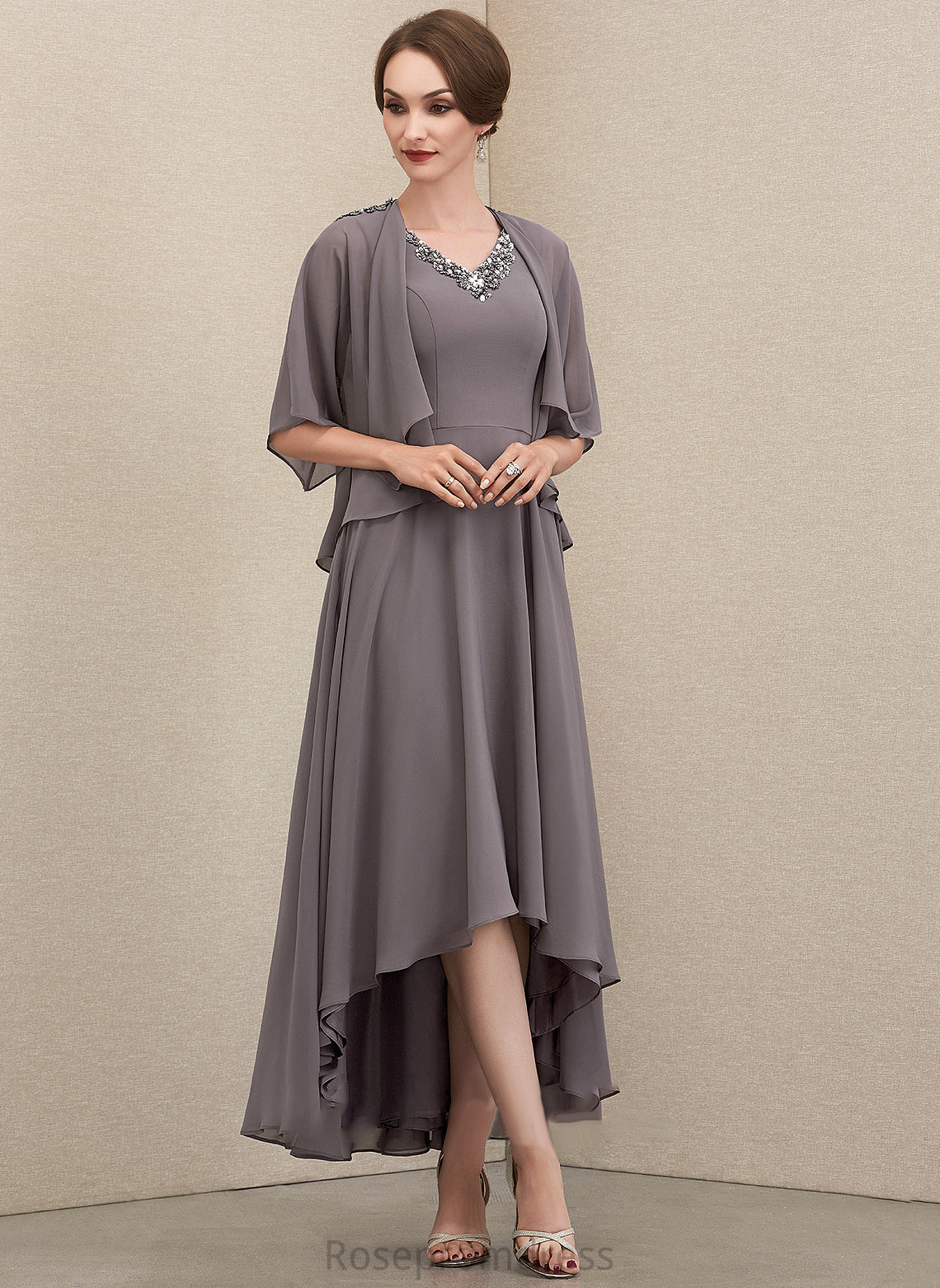 With of A-Line Mother Bride the V-neck Mother of the Bride Dresses Chiffon Dress Asymmetrical Sequins Beading Parker