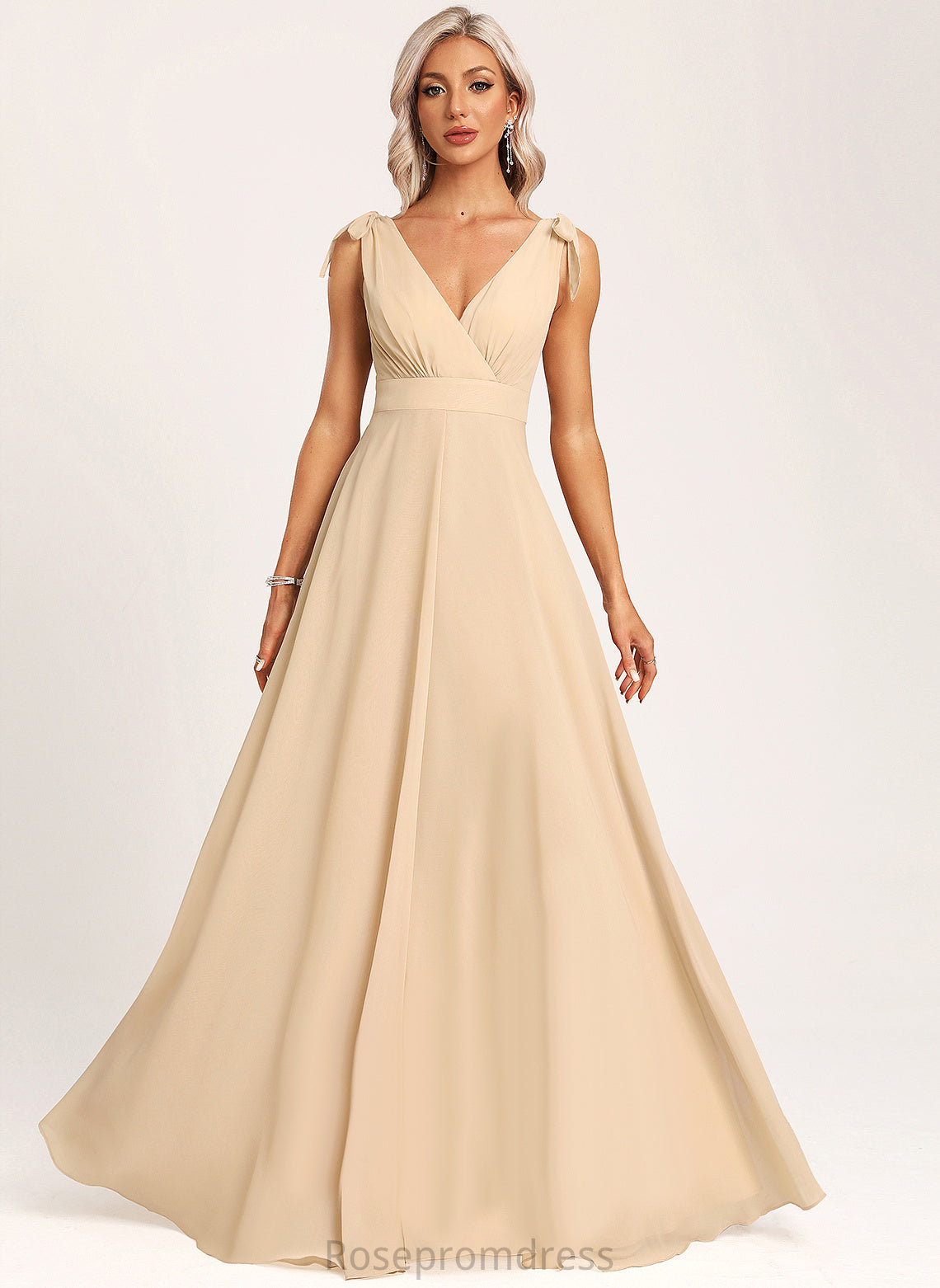 Floor-Length Neckline Fabric A-Line Length V-neck Silhouette Bow(s) Embellishment Gracelyn Sleeveless V-Neck Bridesmaid Dresses