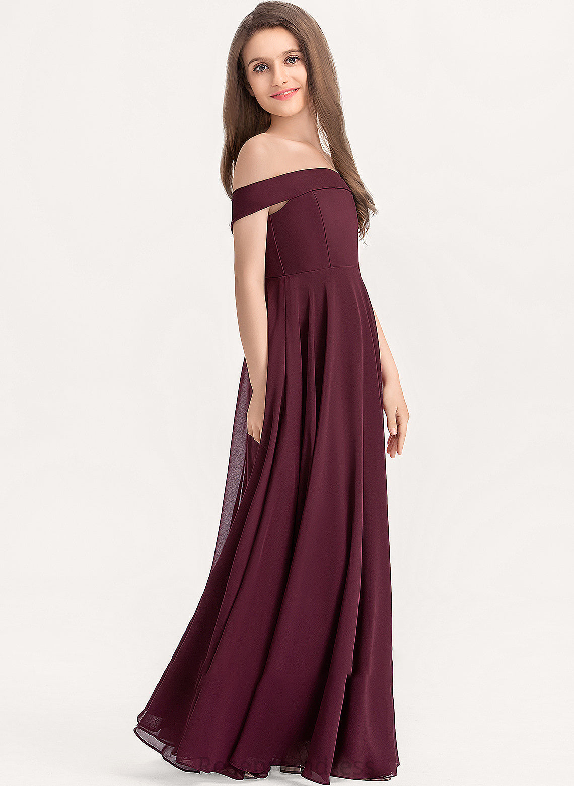 A-Line Junior Bridesmaid Dresses Off-the-Shoulder Chiffon Floor-Length Stacy