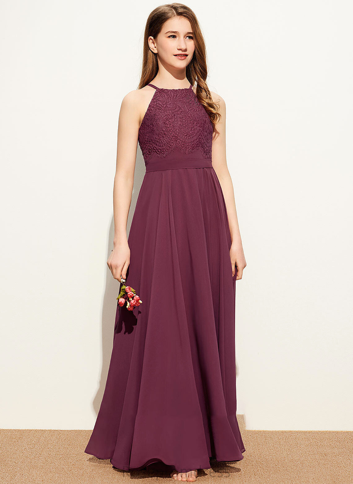 Floor-Length Lace Square A-Line Emilia Neckline Chiffon Junior Bridesmaid Dresses