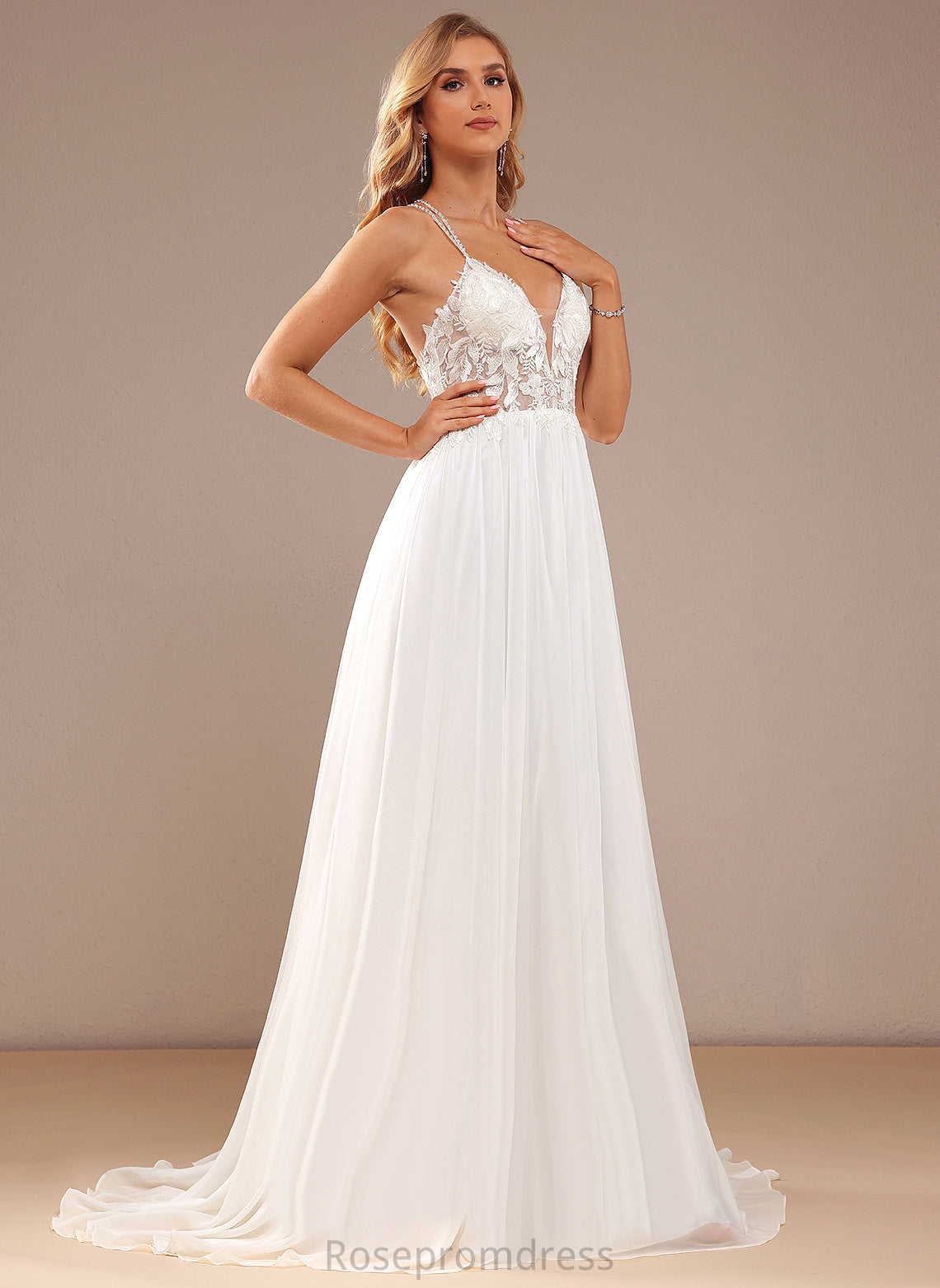 A-Line Sweep Lace With Sequins Wedding V-neck Dress Chiffon Wedding Dresses Beading Train Dixie