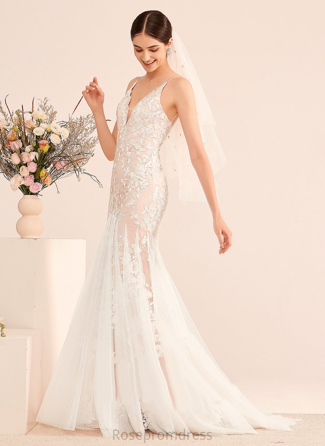 Train With Court Wedding Dresses Jimena Wedding Dress Tulle Trumpet/Mermaid V-neck Lace Lace