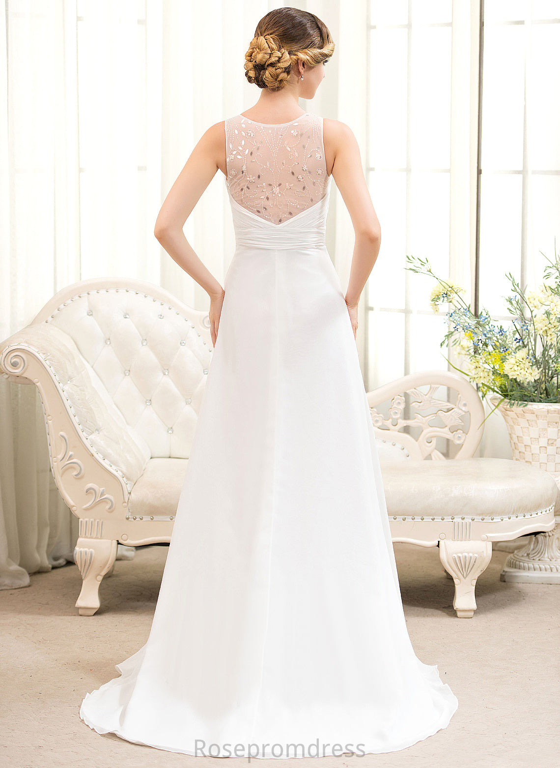 Cascading Perla Wedding Dresses Train Beading Chiffon V-neck Ruffles Sweep Tulle A-Line Wedding With Sequins Dress