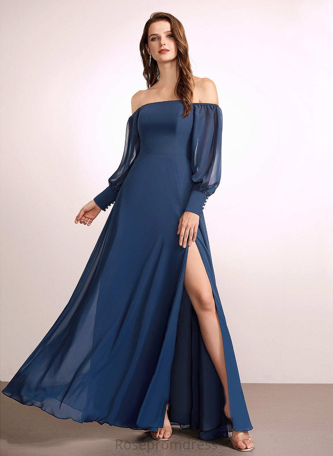 Embellishment A-Line Off-the-Shoulder Neckline Length Silhouette SplitFront Floor-Length Fabric Paulina V-Neck Natural Waist Bridesmaid Dresses