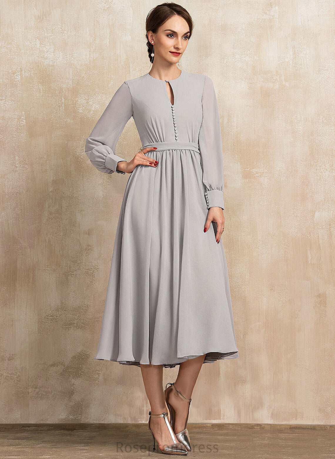 Neck Chiffon Tea-Length Dress Bow(s) A-Line Julie of Scoop the Mother of the Bride Dresses With Bride Mother