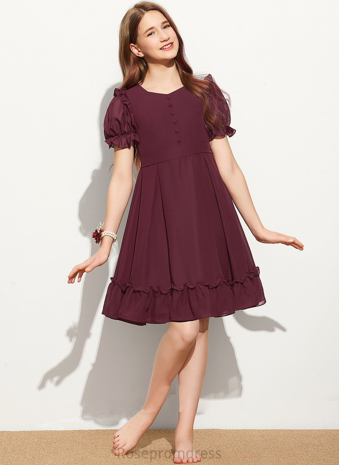 Neck With Scoop Bow(s) Cascading Ruffles Ava Knee-Length A-Line Junior Bridesmaid Dresses Chiffon