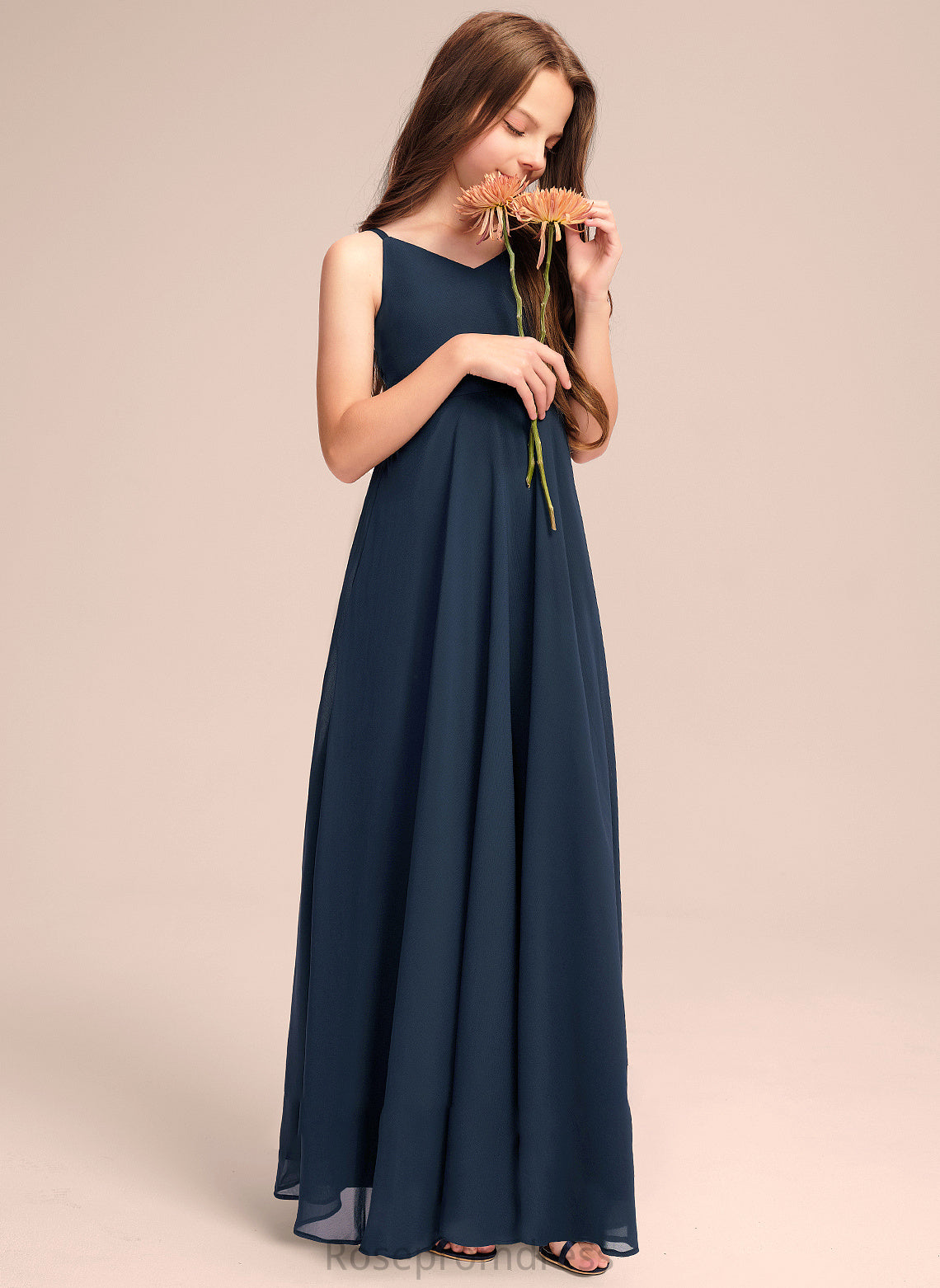 Chiffon Bow(s) V-neck A-Line Junior Bridesmaid Dresses Floor-Length With Kaya