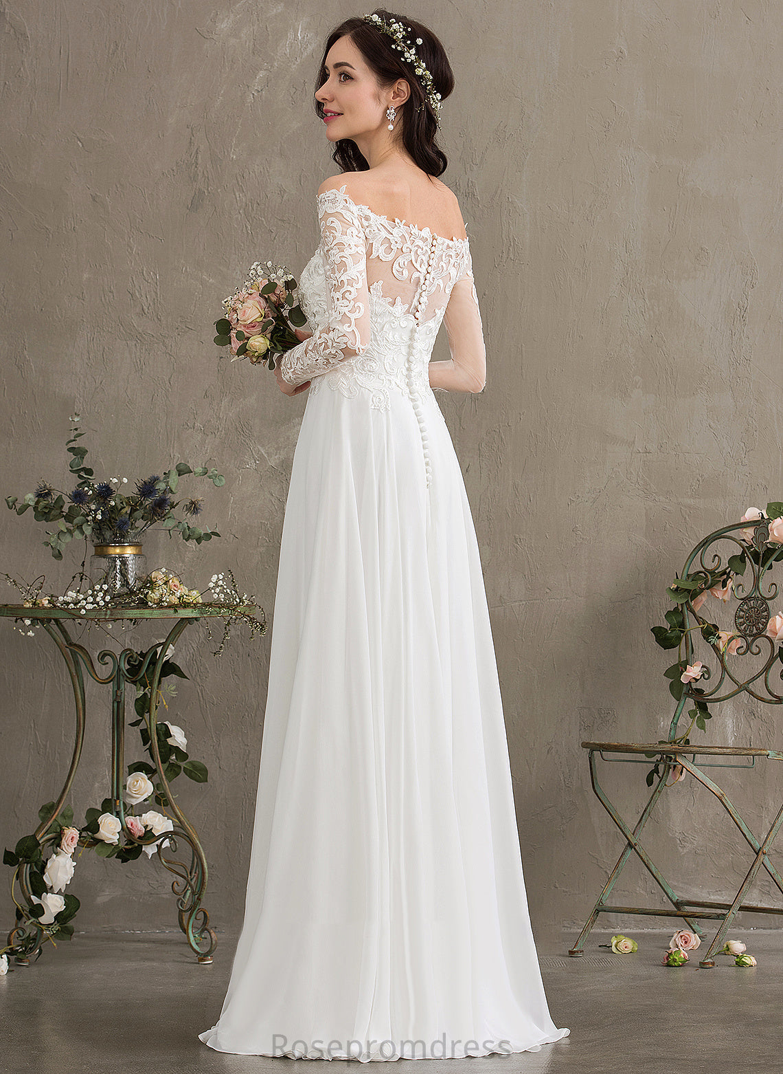 Chiffon Wedding Dresses A-Line With Lace Floor-Length Dress Off-the-Shoulder Karissa Wedding Lace