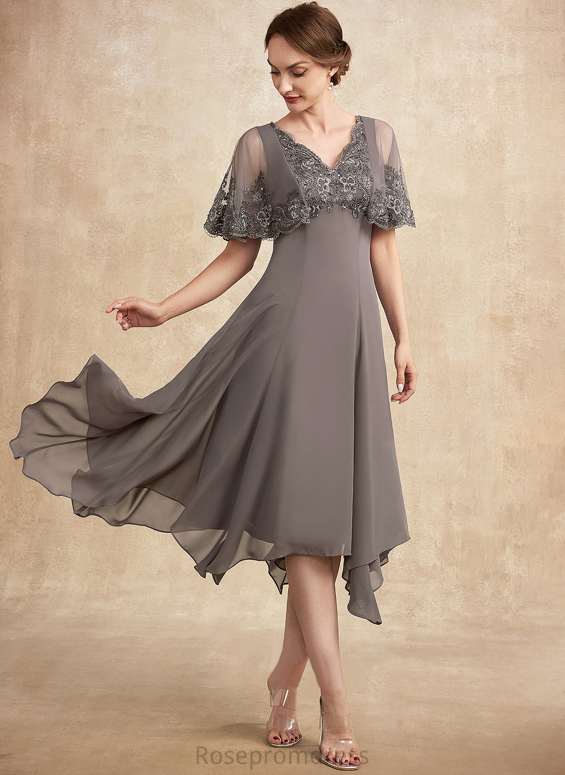 Mother Bride With the Dress Lace Sequins Alicia of Tea-Length V-neck Beading A-Line Chiffon Mother of the Bride Dresses