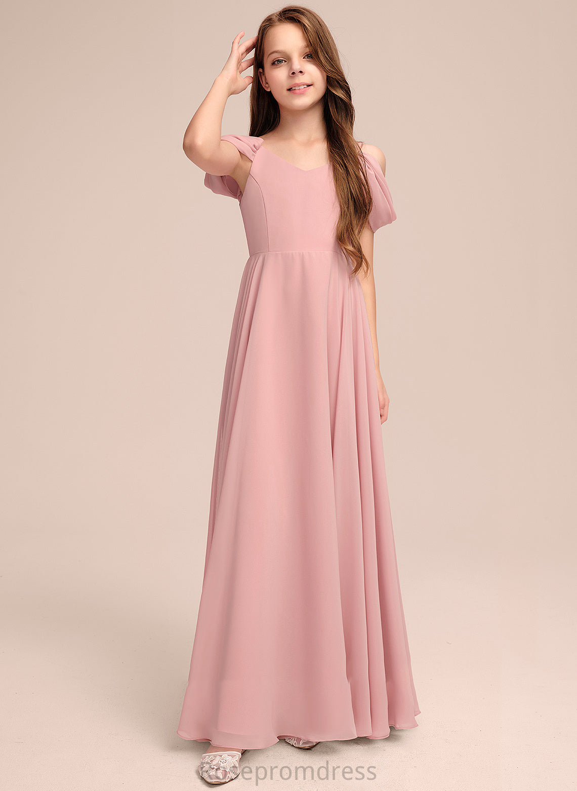 V-neck Floor-Length Angelique A-Line Chiffon Ruffle With Junior Bridesmaid Dresses