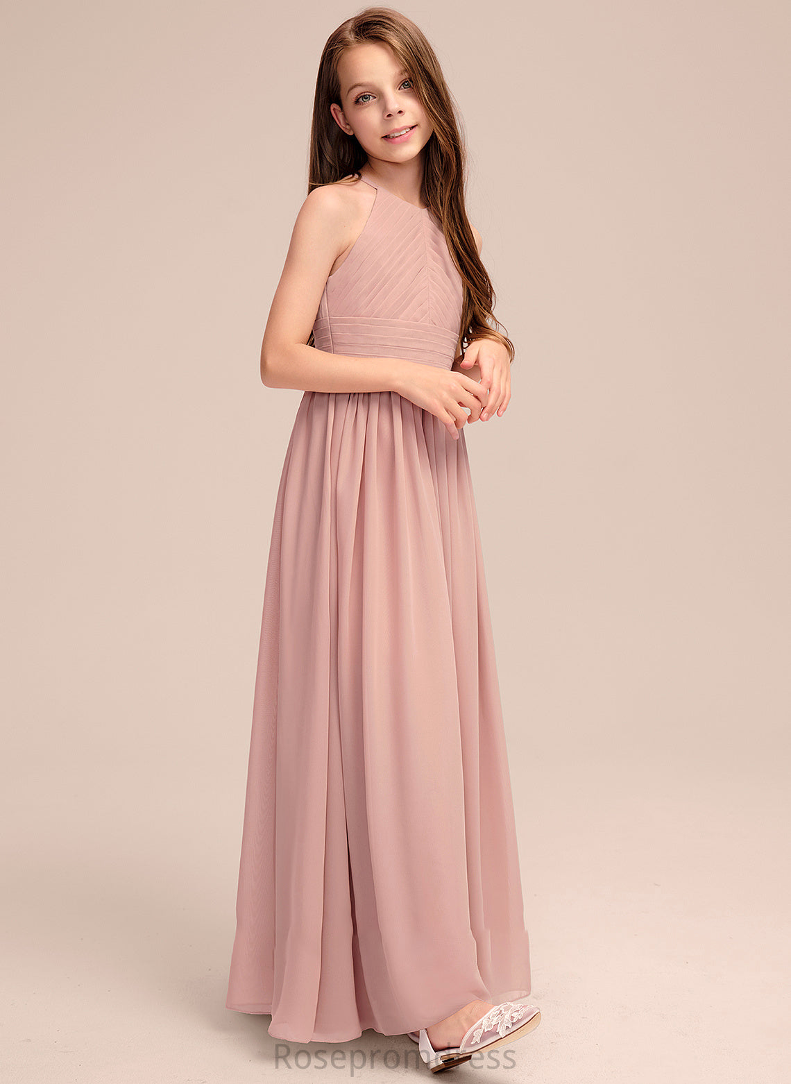 Junior Bridesmaid Dresses Floor-Length Angela With Ruffle Neck A-Line Scoop Chiffon