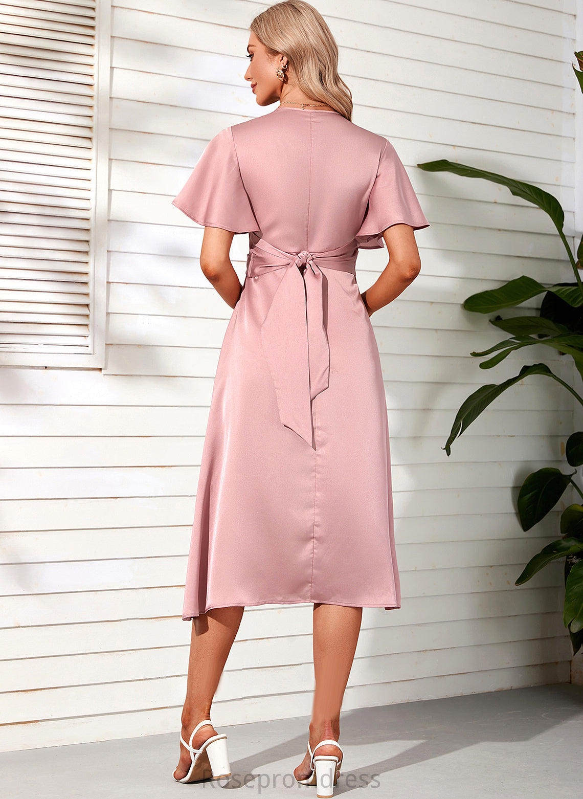 Satin Elegant Sheath Midi Short Dresses V-Neck Sleeves Club Dresses Greta