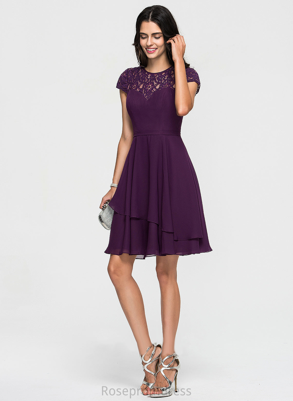 Scoop Lisa With Homecoming Dresses Ruffles Neck Homecoming Lace A-Line Cascading Chiffon Knee-Length Dress