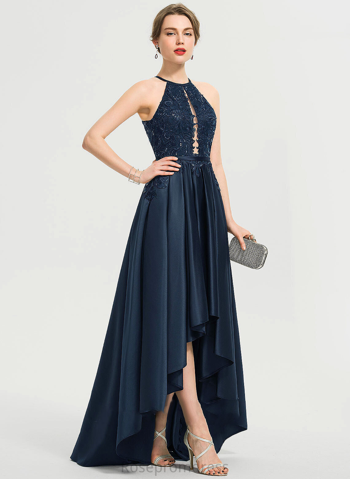 Andrea A-Line Prom Dresses Sequins Scoop Asymmetrical With Neck Satin