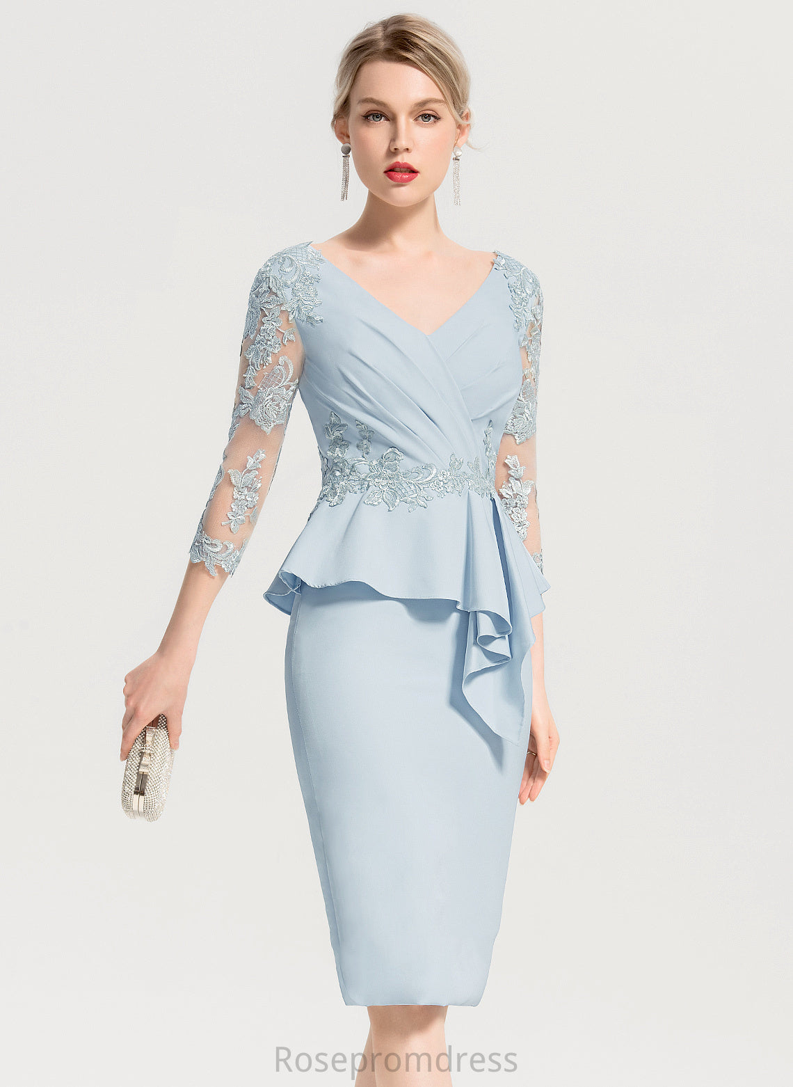 Stretch Kianna V-neck Cocktail Crepe Knee-Length Lace Lace Dress With Appliques Cocktail Dresses Cascading Sheath/Column Ruffles