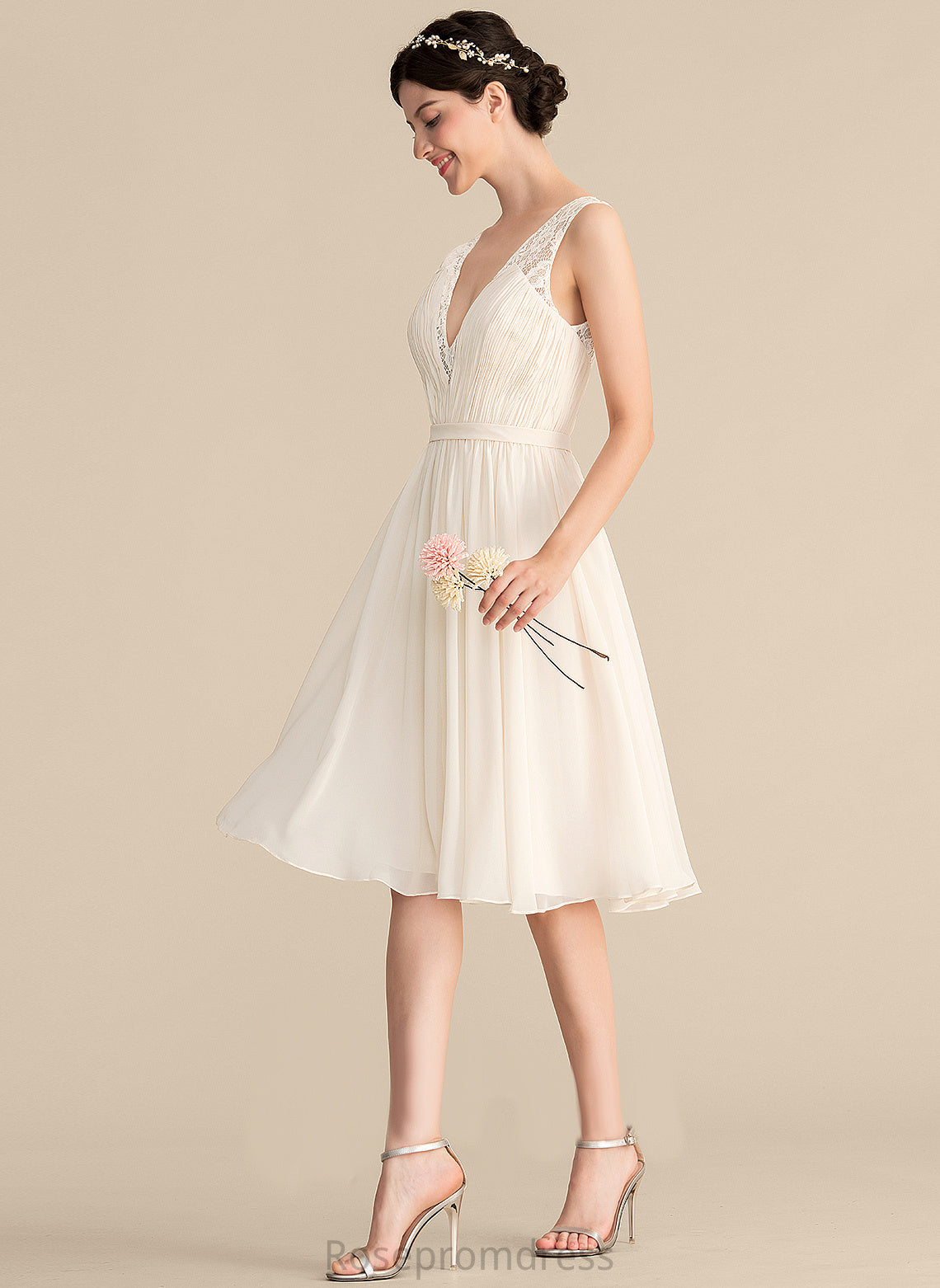 V-neck Lace Cocktail Dresses Dress With Chiffon A-Line Knee-Length Cocktail Lilia Ruffle