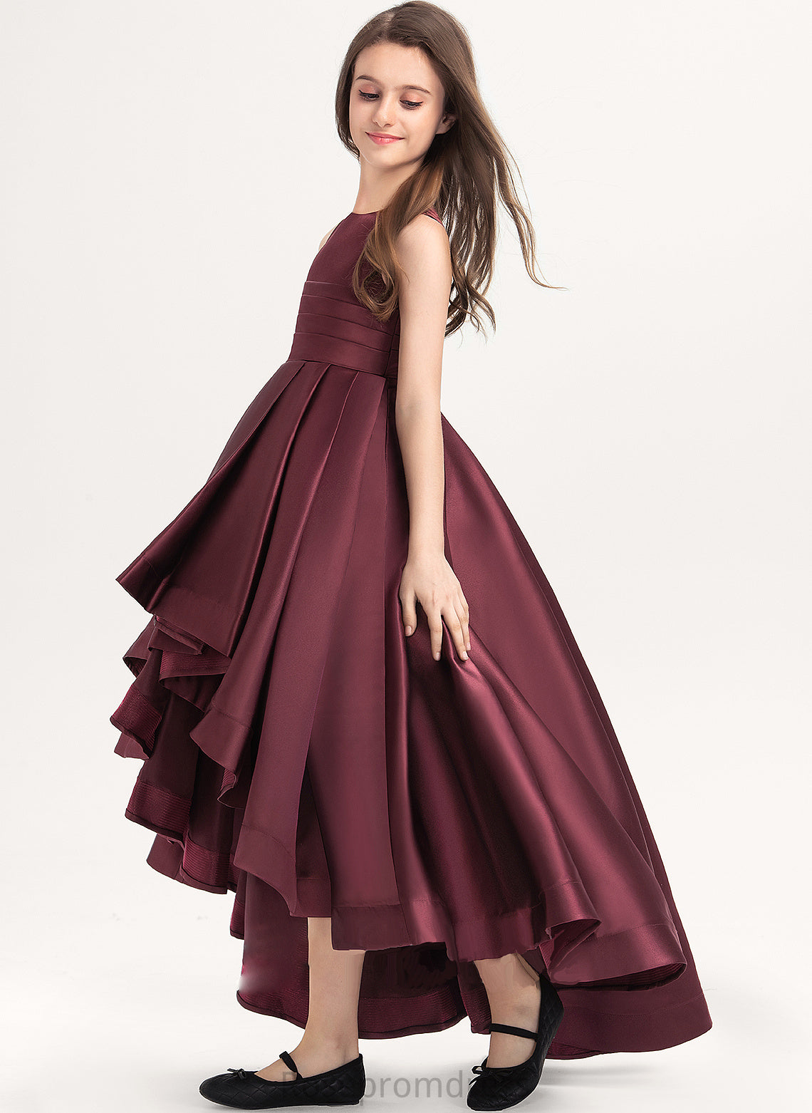 A-Line Satin Gabrielle Ruffle Scoop Junior Bridesmaid Dresses Asymmetrical With Neck