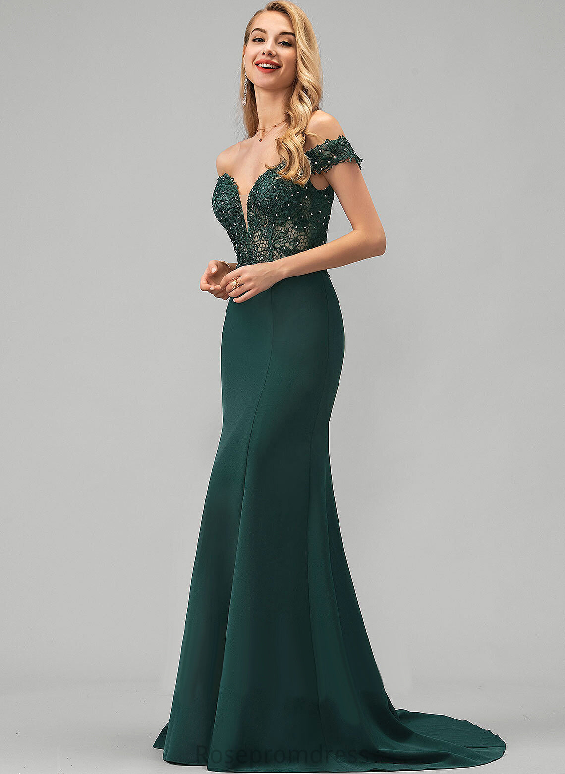 Shirley Beading Prom Dresses Trumpet/Mermaid Crepe Off-the-Shoulder Stretch With Sweep Sequins Train