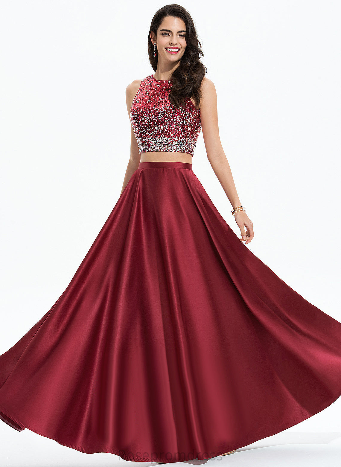 Scoop A-Line Sequins Beading Floor-Length Amara With Prom Dresses Satin