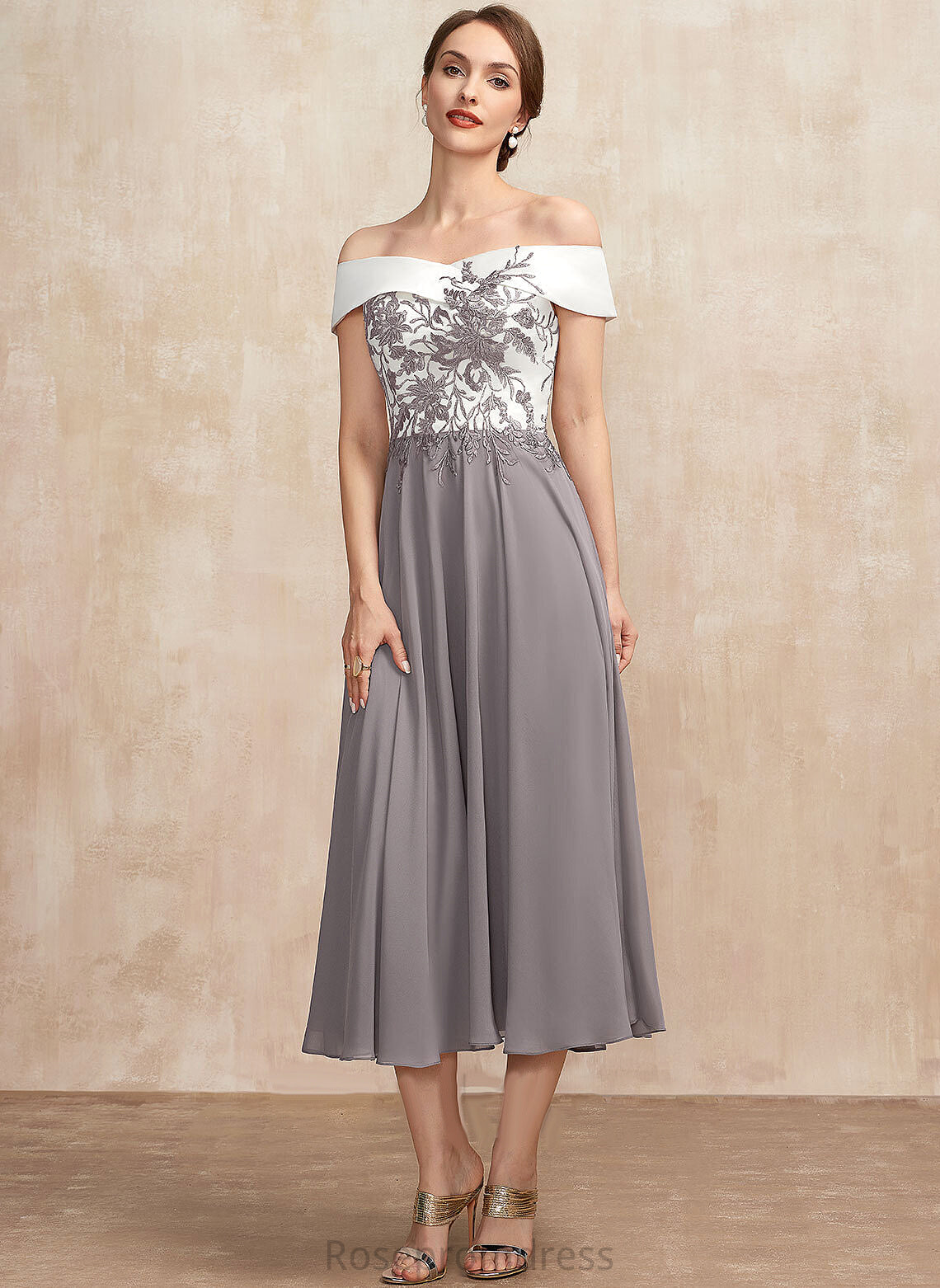 Lace A-Line Dress Tea-Length of Off-the-Shoulder Mother Bride Priscilla Mother of the Bride Dresses the Chiffon