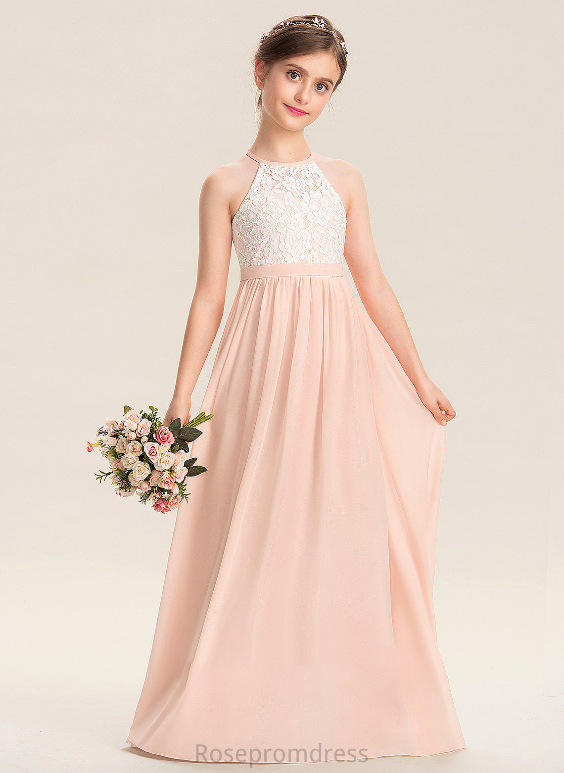 A-Line Floor-Length Lace Josie Scoop Chiffon Junior Bridesmaid Dresses Neck