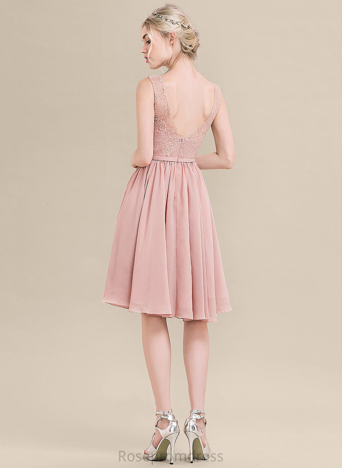 Chiffon Lace Knee-Length With Bow(s) Homecoming V-neck Dress Lace Homecoming Dresses Dulce A-Line